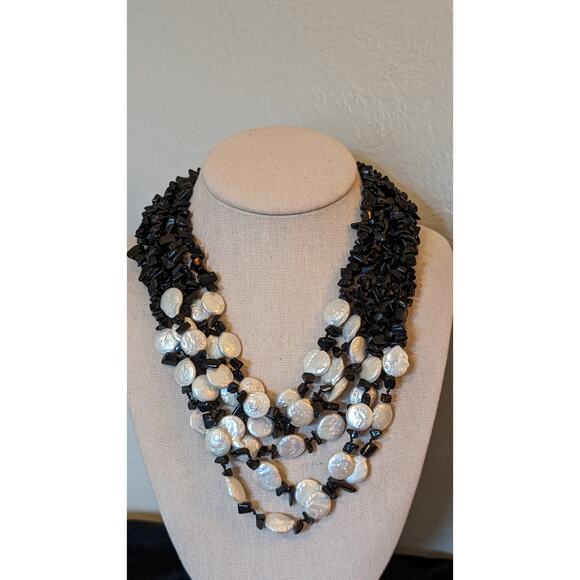 Six Strand White Coin Pearl Black Onyx Chip Sterling Slide In Clasp Necklace - Picture 7 of 8